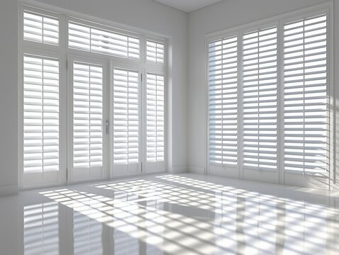 Wide plantation shutters in a bright sunlit room
