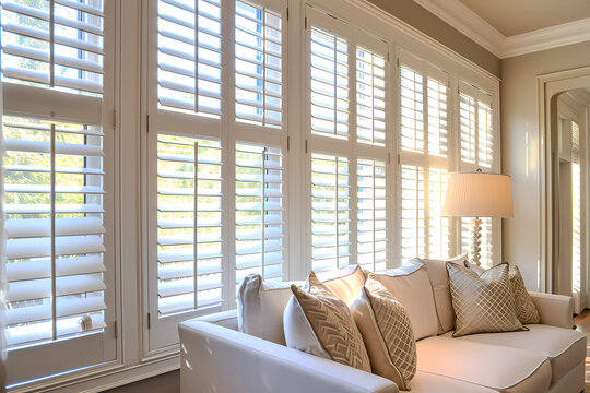 Bright living room windows fitted with custom white plantation shutters