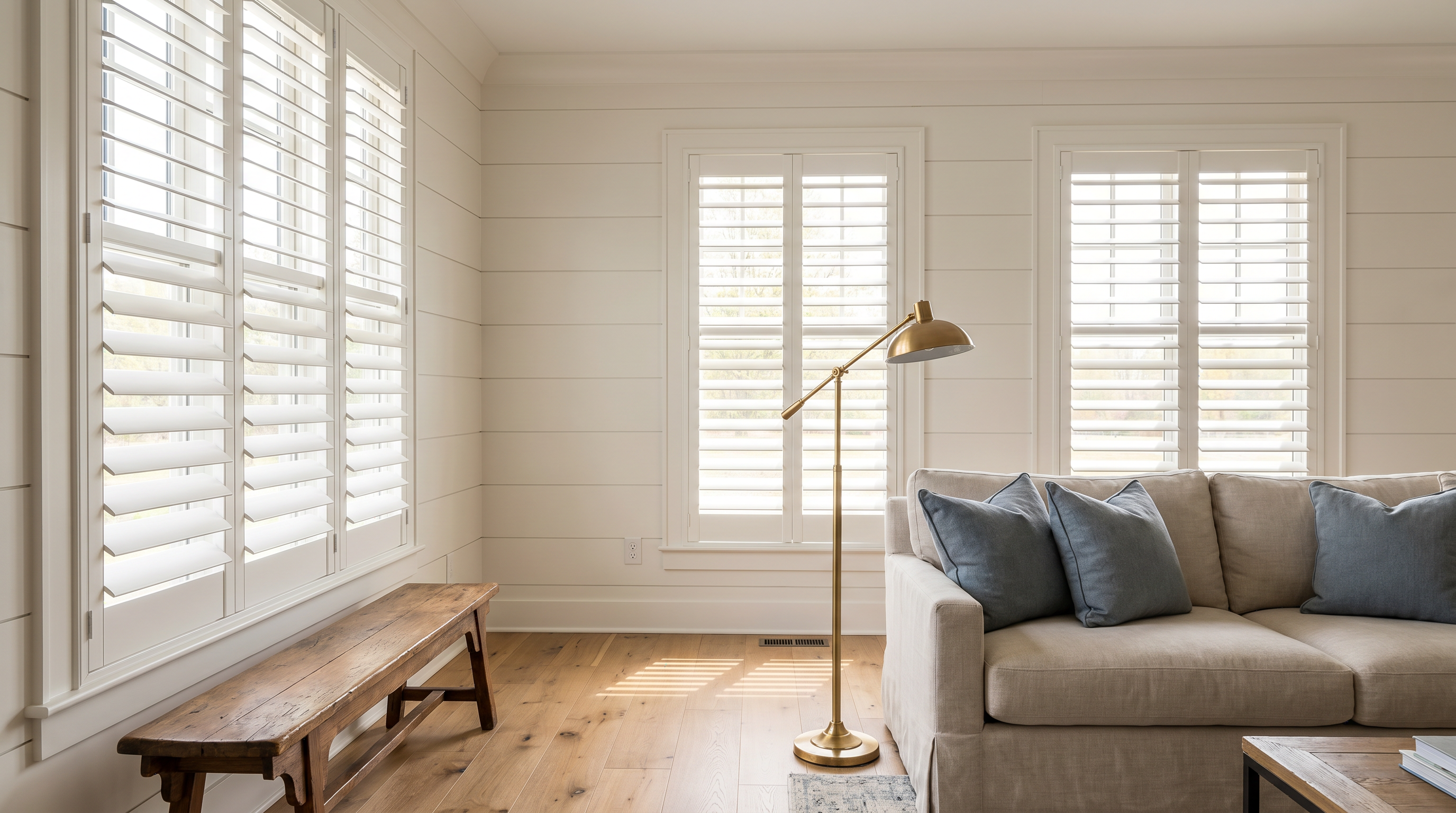 country estate breakfast room with plantation shutters and refined natural textures for custom plantation shutters in Aldie, VA