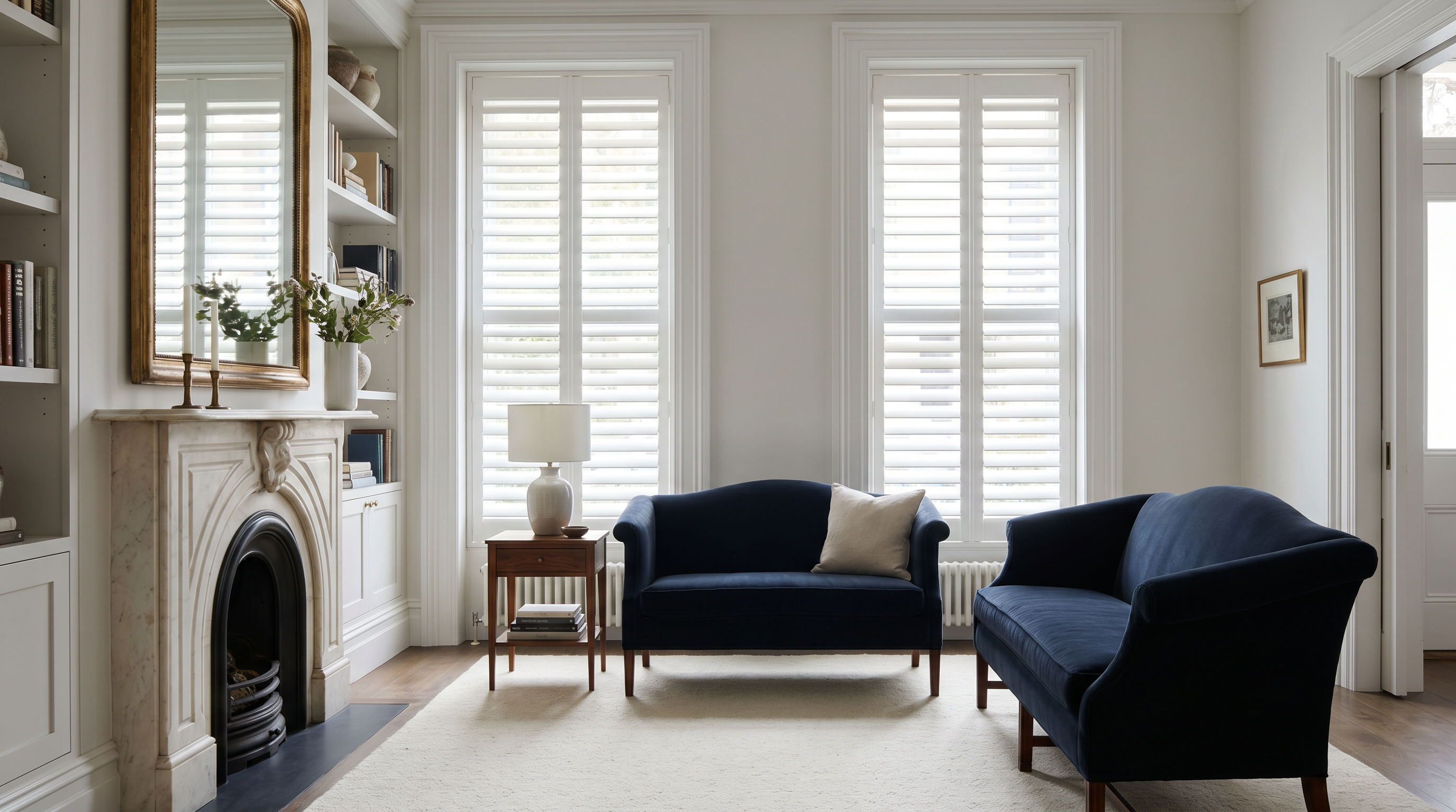 Old Town rowhouse sitting room with tall plantation shutters and elegant trim for custom plantation shutters in Alexandria, VA