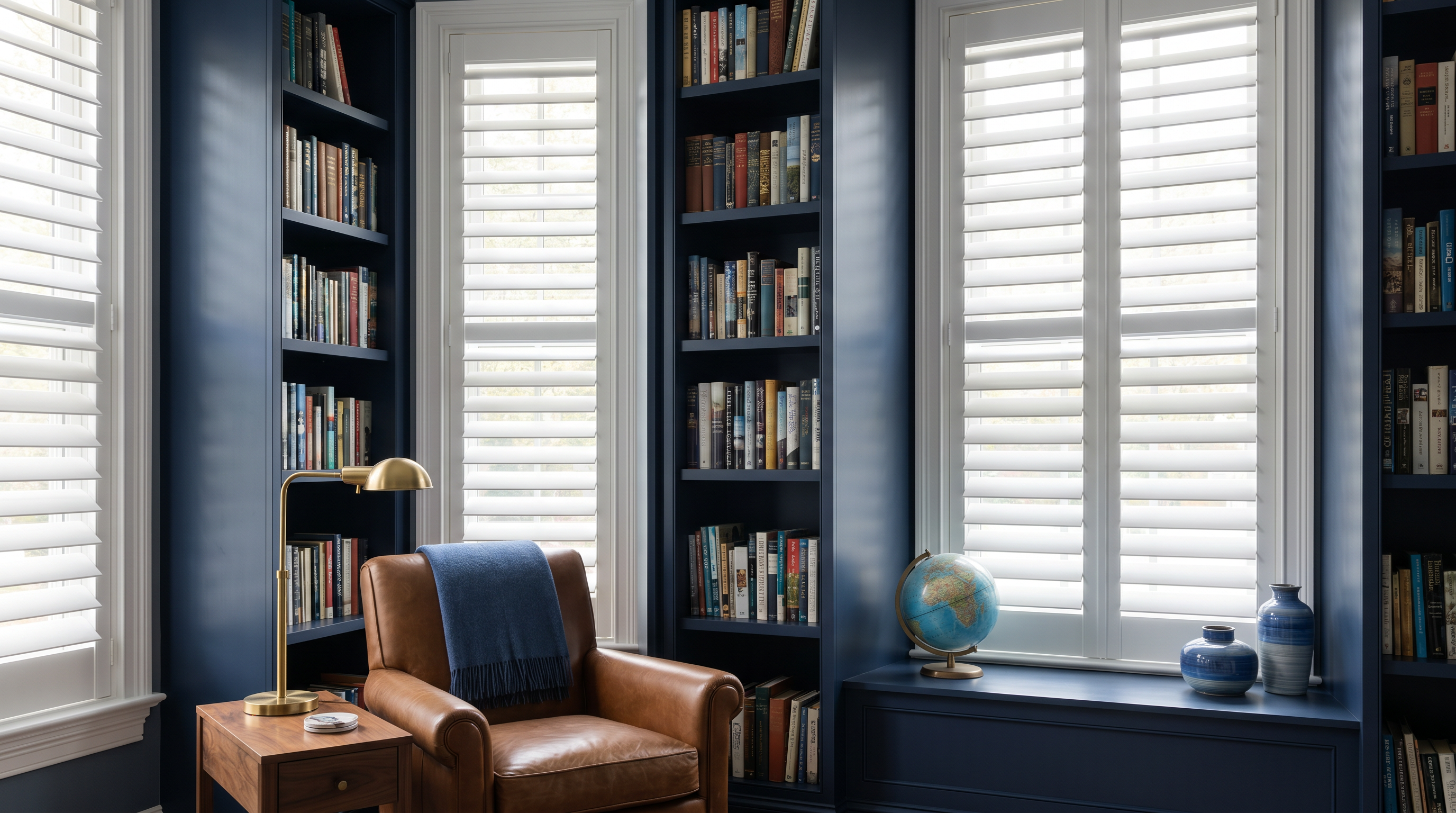 harbor-town dining room with plantation shutters, soft blue decor, and elegant wood table for custom plantation shutters in Annapolis, MD