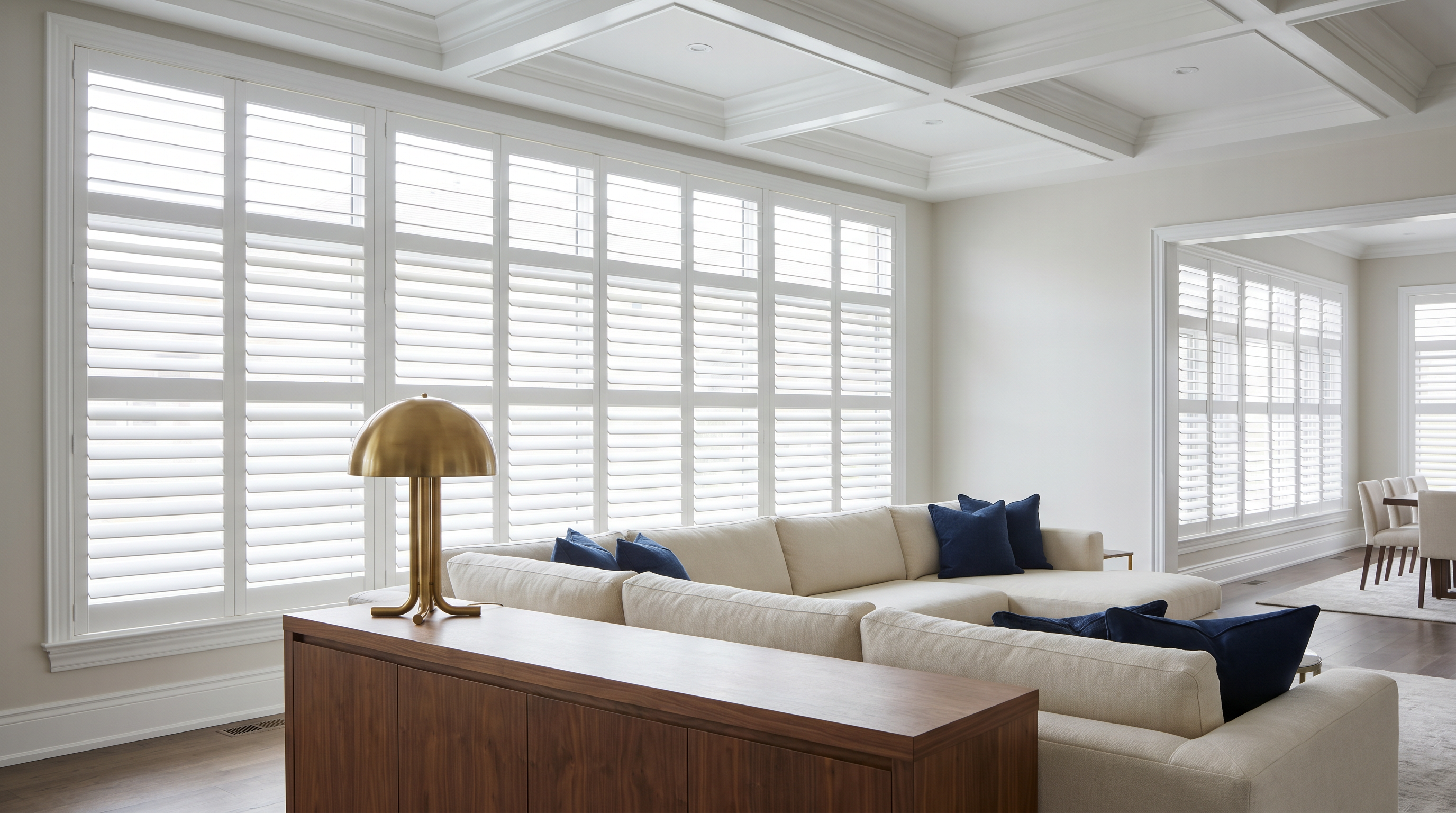 new-build great room with plantation shutters, vaulted ceiling, and elegant pale textiles for custom plantation shutters in Ashburn, VA