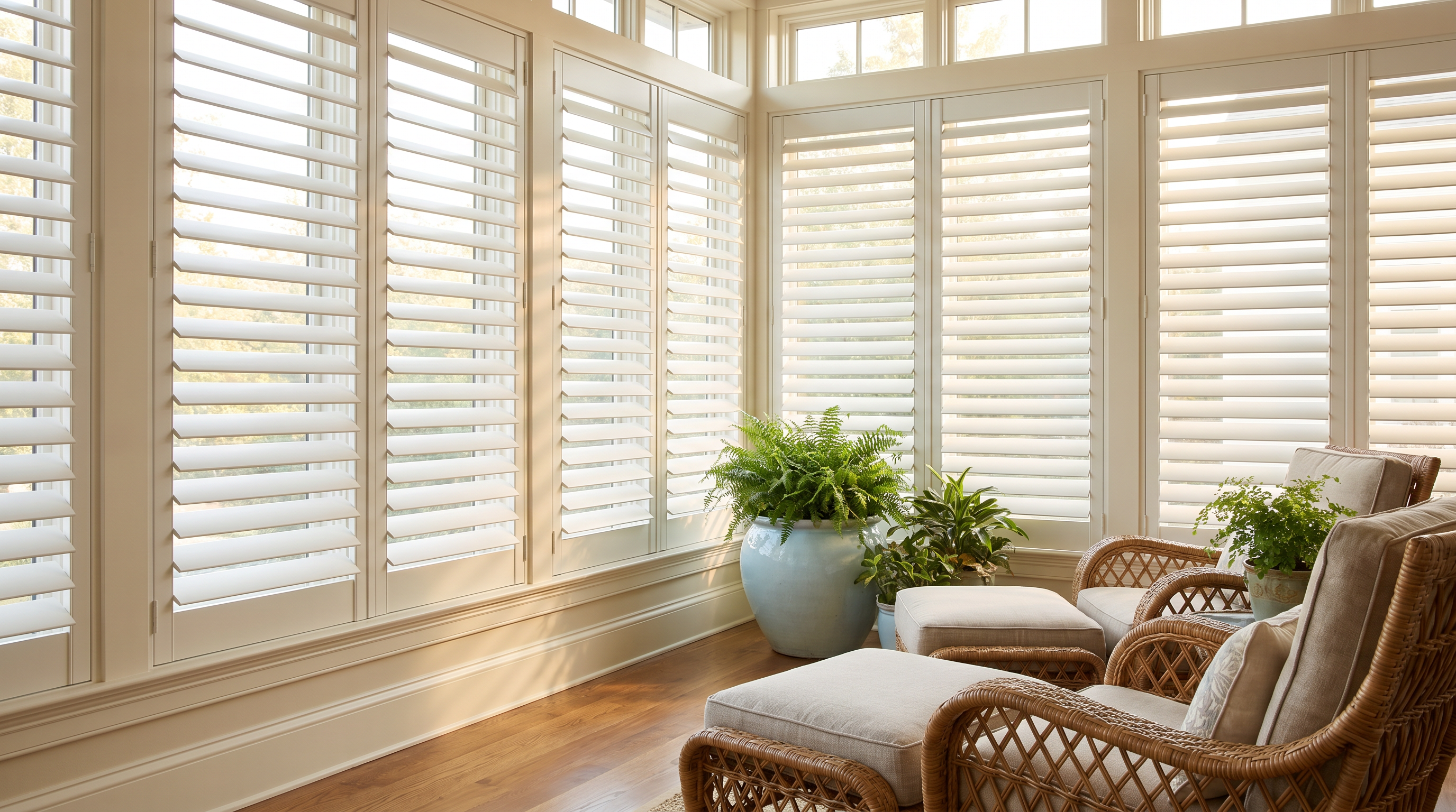 historic home parlor with white plantation shutters, wood trim, and calm afternoon light for custom plantation shutters in Ashland, VA