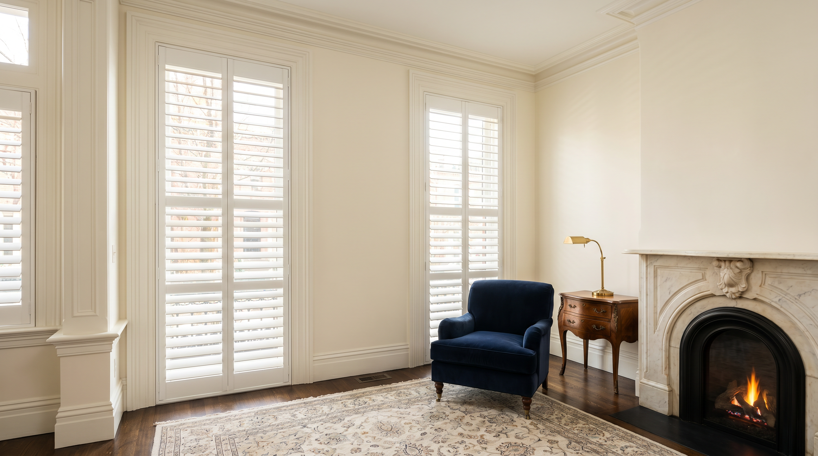 classic rowhome parlor with plantation shutters, high ceilings, and refined navy accents for custom plantation shutters in Baltimore, MD