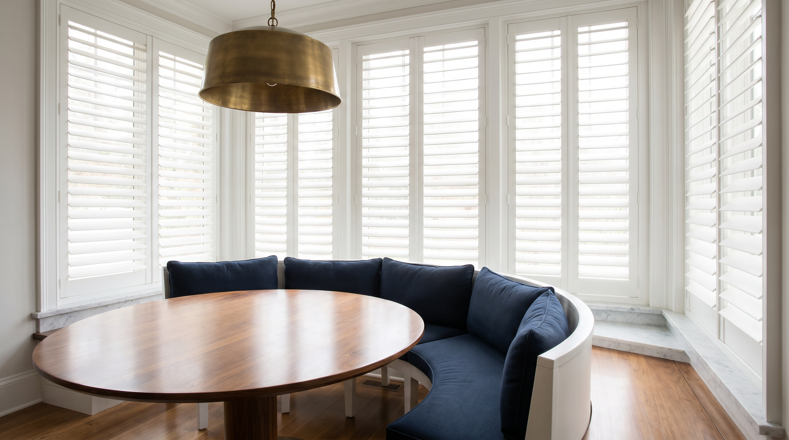 upscale Maryland living room with plantation shutters, tailored sofa, and quiet luxury styling for custom plantation shutters in Bethesda, MD