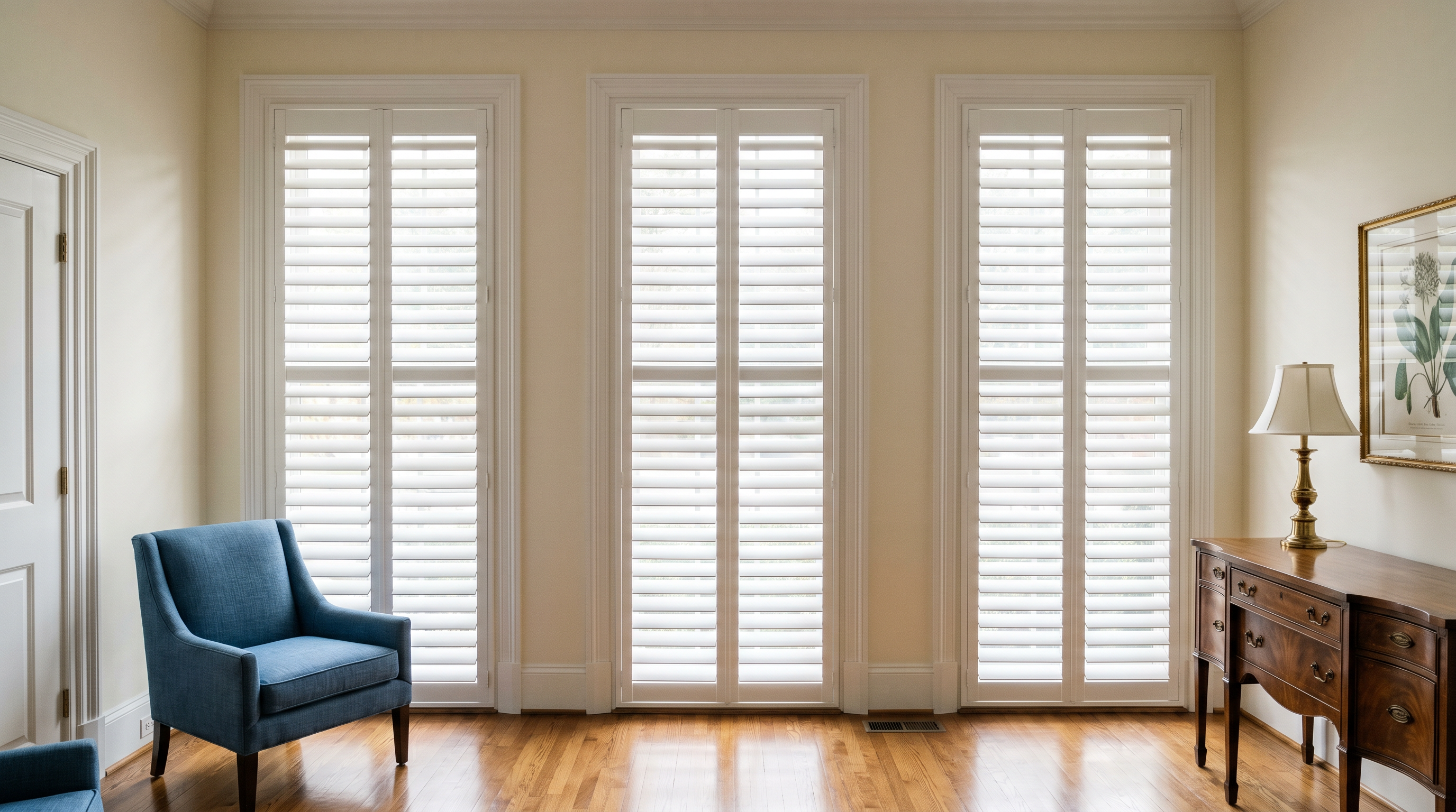 soft cottage living room with plantation shutters, pale walls, and heirloom accents for custom plantation shutters in Bon Air, VA