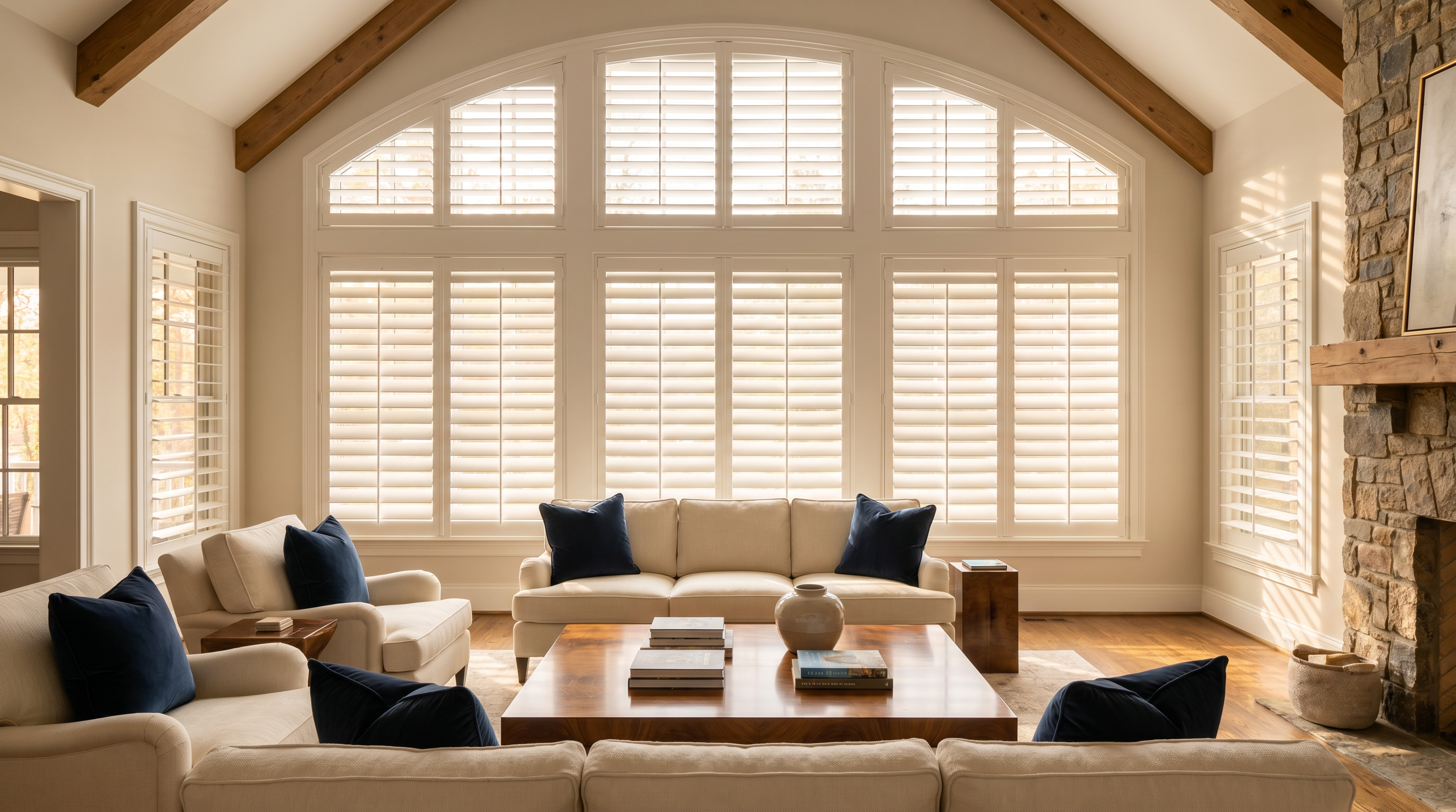 comfortable family room with plantation shutters, layered rugs, and clean architectural trim for custom plantation shutters in Centreville, VA
