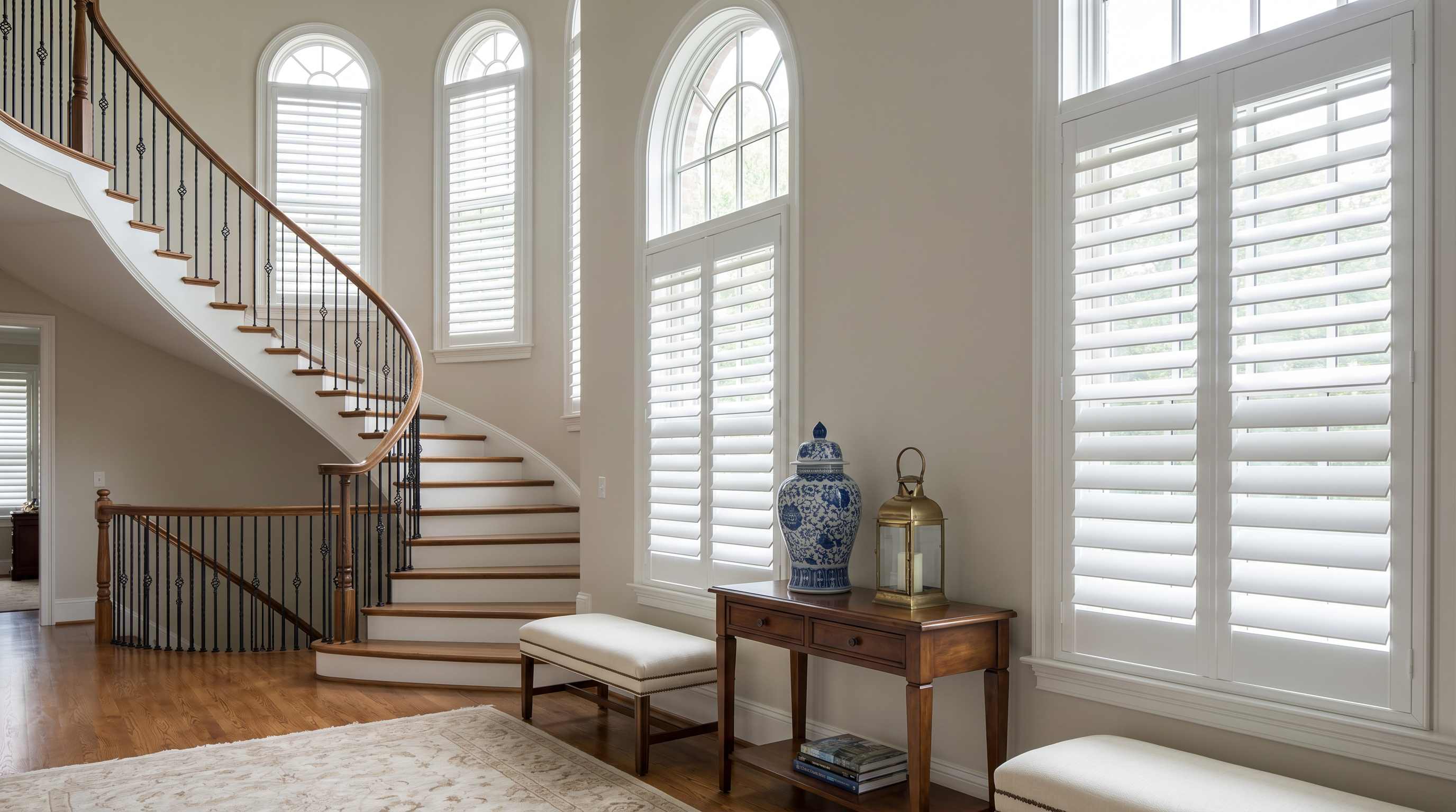 airy sitting room with plantation shutters, brass accents, and soft white walls for custom plantation shutters in Chantilly, VA