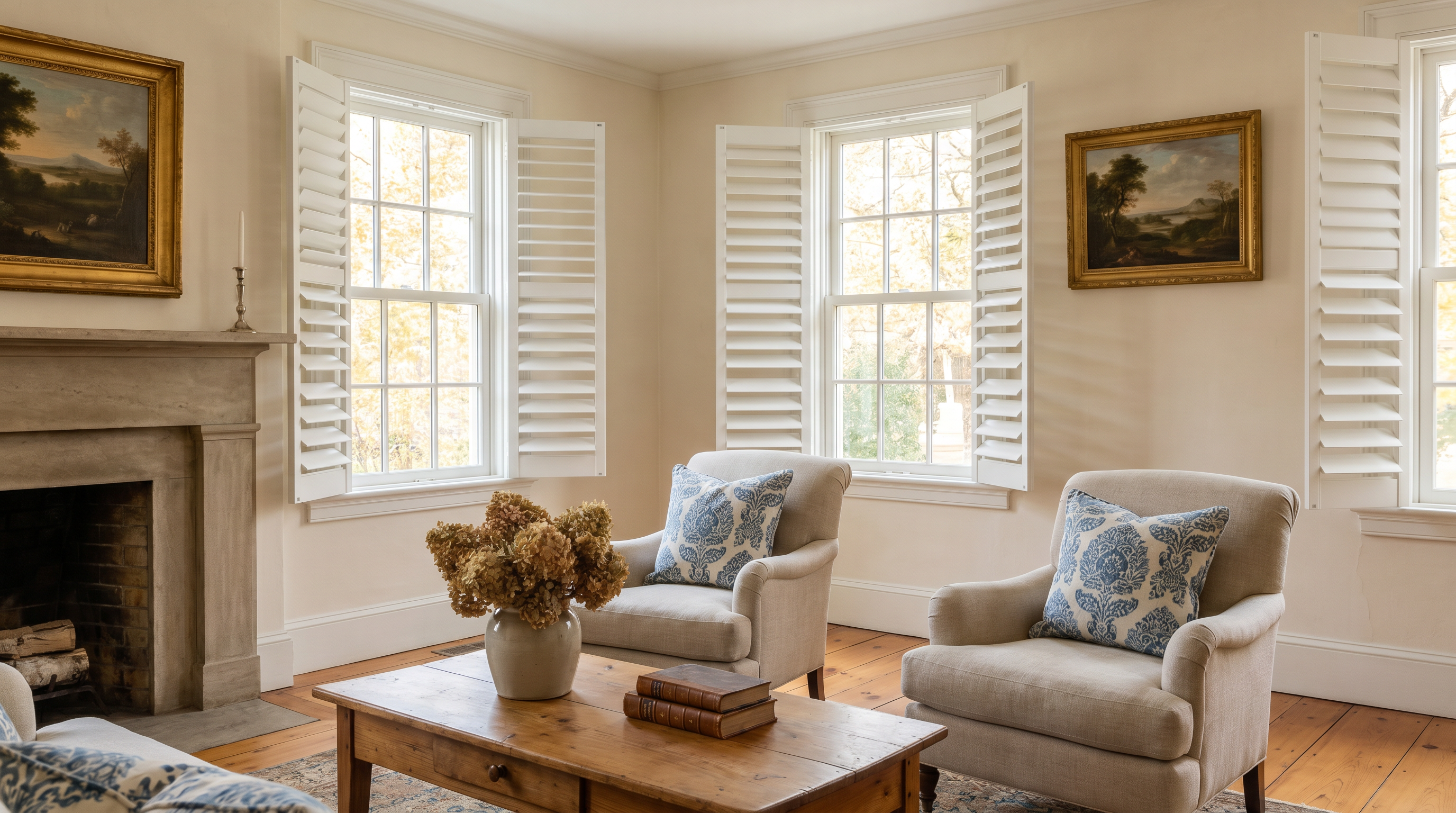 foothills home library with plantation shutters, classic bookshelves, and warm daylight for custom plantation shutters in Charlottesville, VA