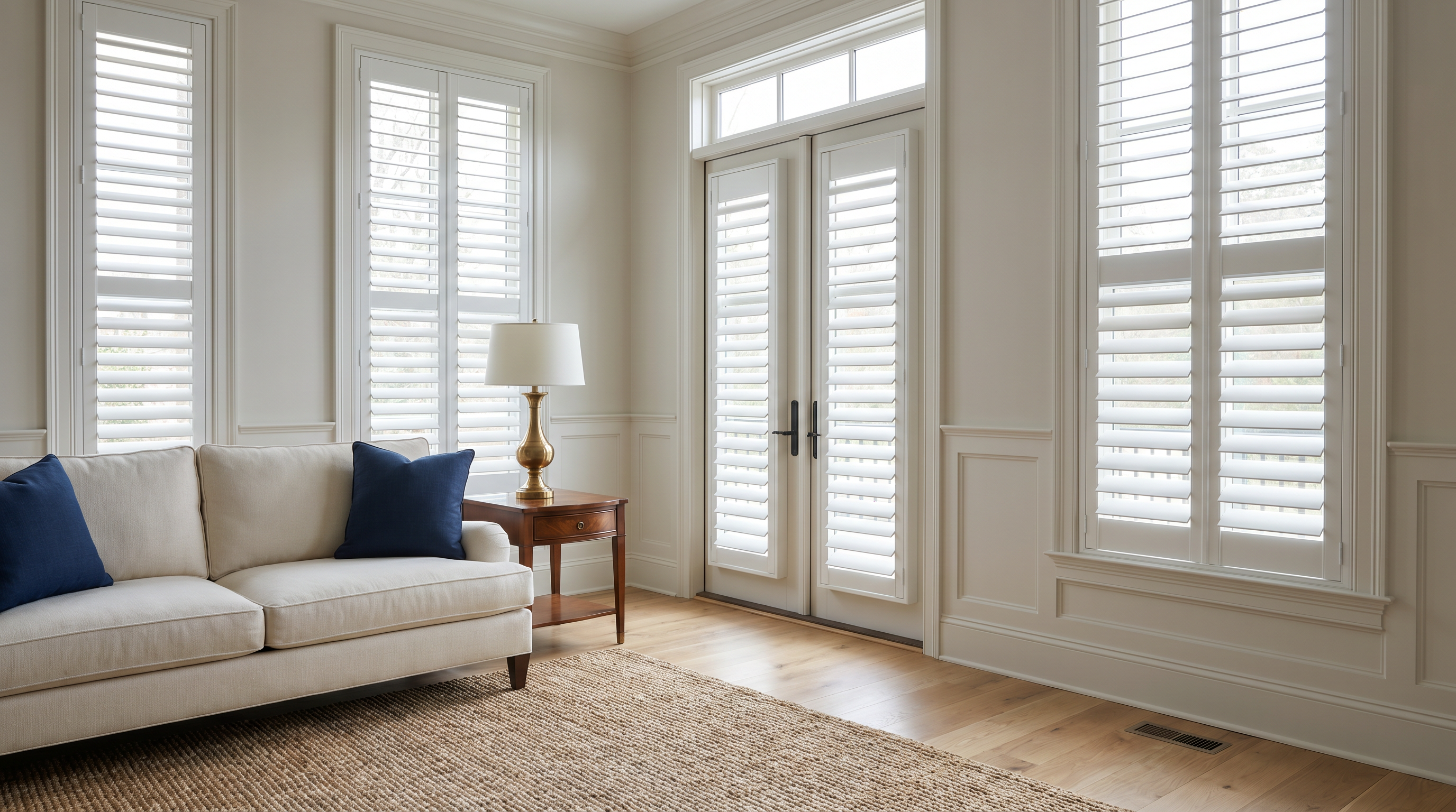 quiet sunroom with plantation shutters, greenery, and sophisticated coastal furniture for custom plantation shutters in Chesapeake, VA