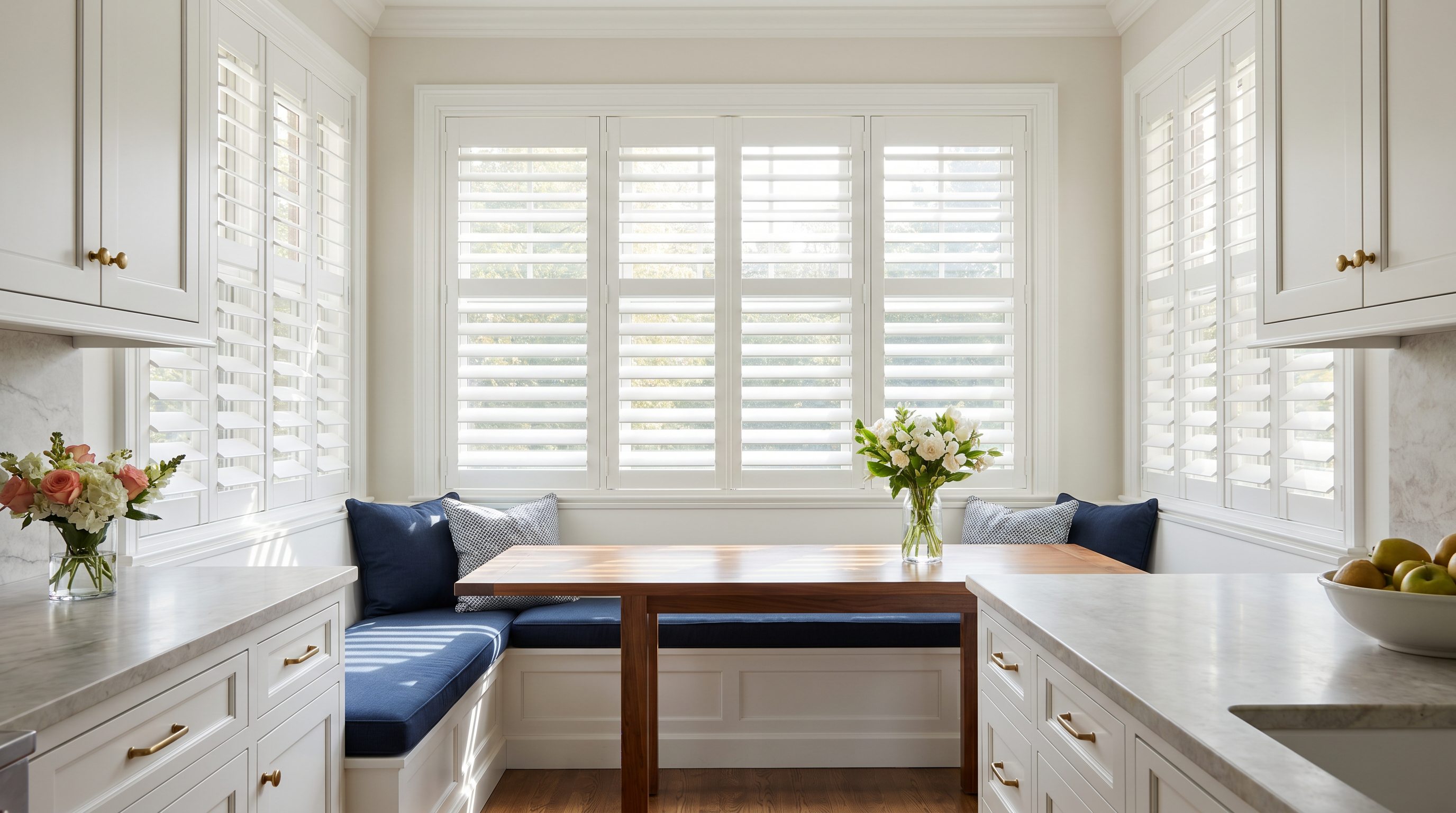 bright transitional living room with plantation shutters and calm neutral furnishings for custom plantation shutters in Fairfax, VA