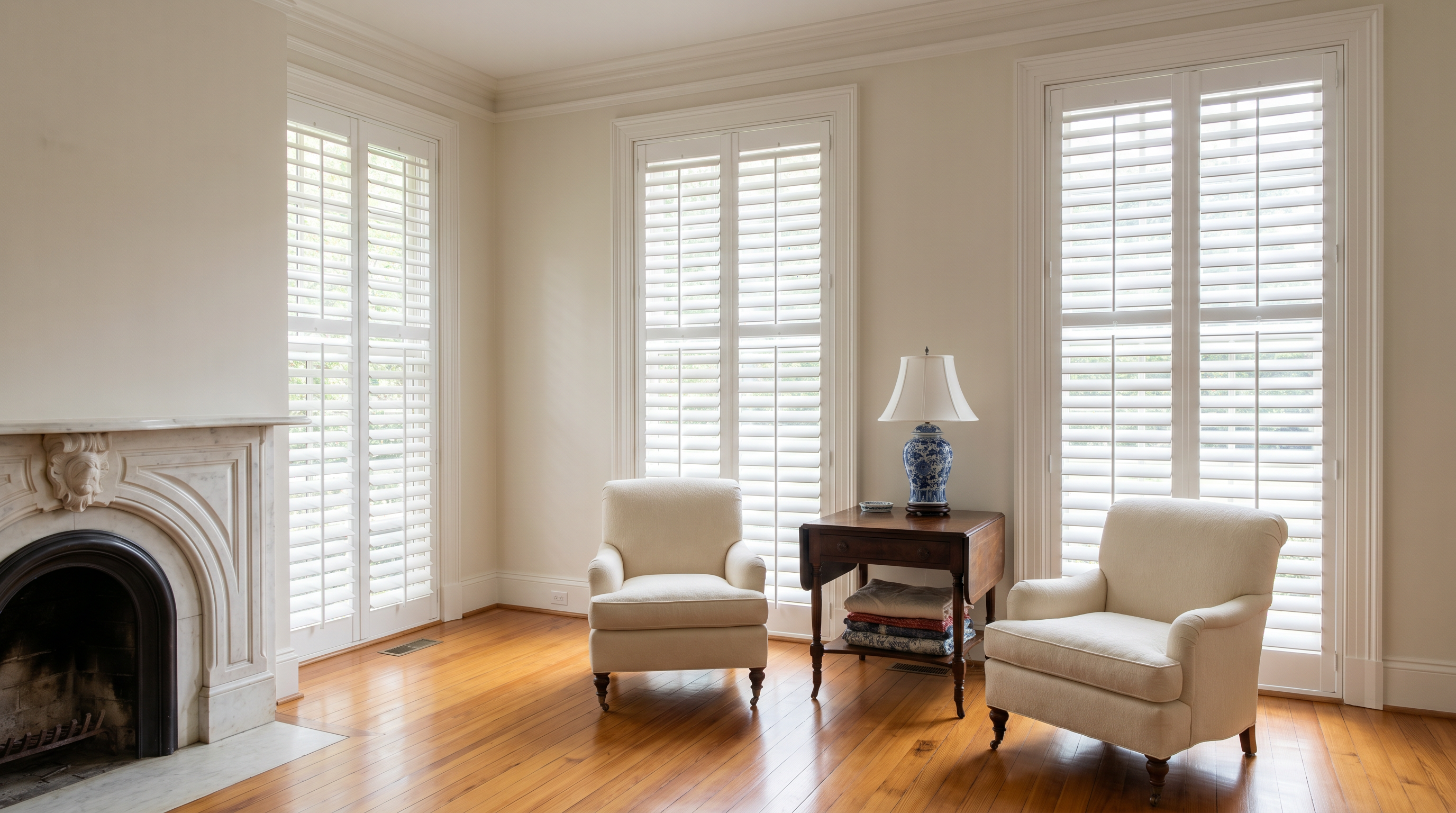 historic Virginia living room with plantation shutters, fireplace, and timeless trim for custom plantation shutters in Fredericksburg, VA