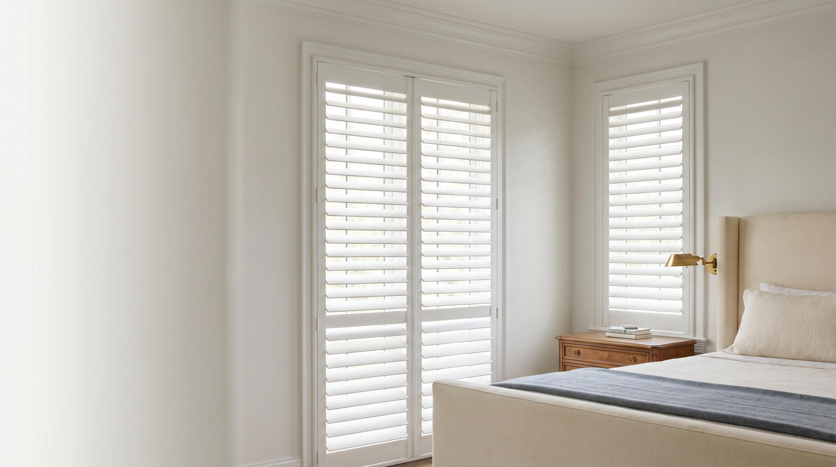 elegant suburban great room with tall plantation shutters and linen seating for custom plantation shutters in Glen Allen, VA
