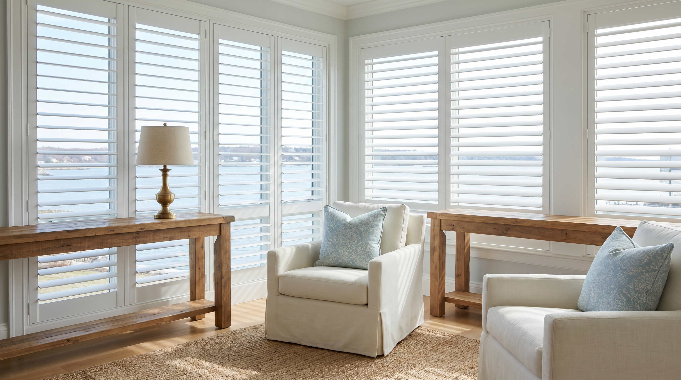 waterfront-inspired living room with plantation shutters and elegant navy-and-cream decor for custom plantation shutters in Hampton Roads, VA