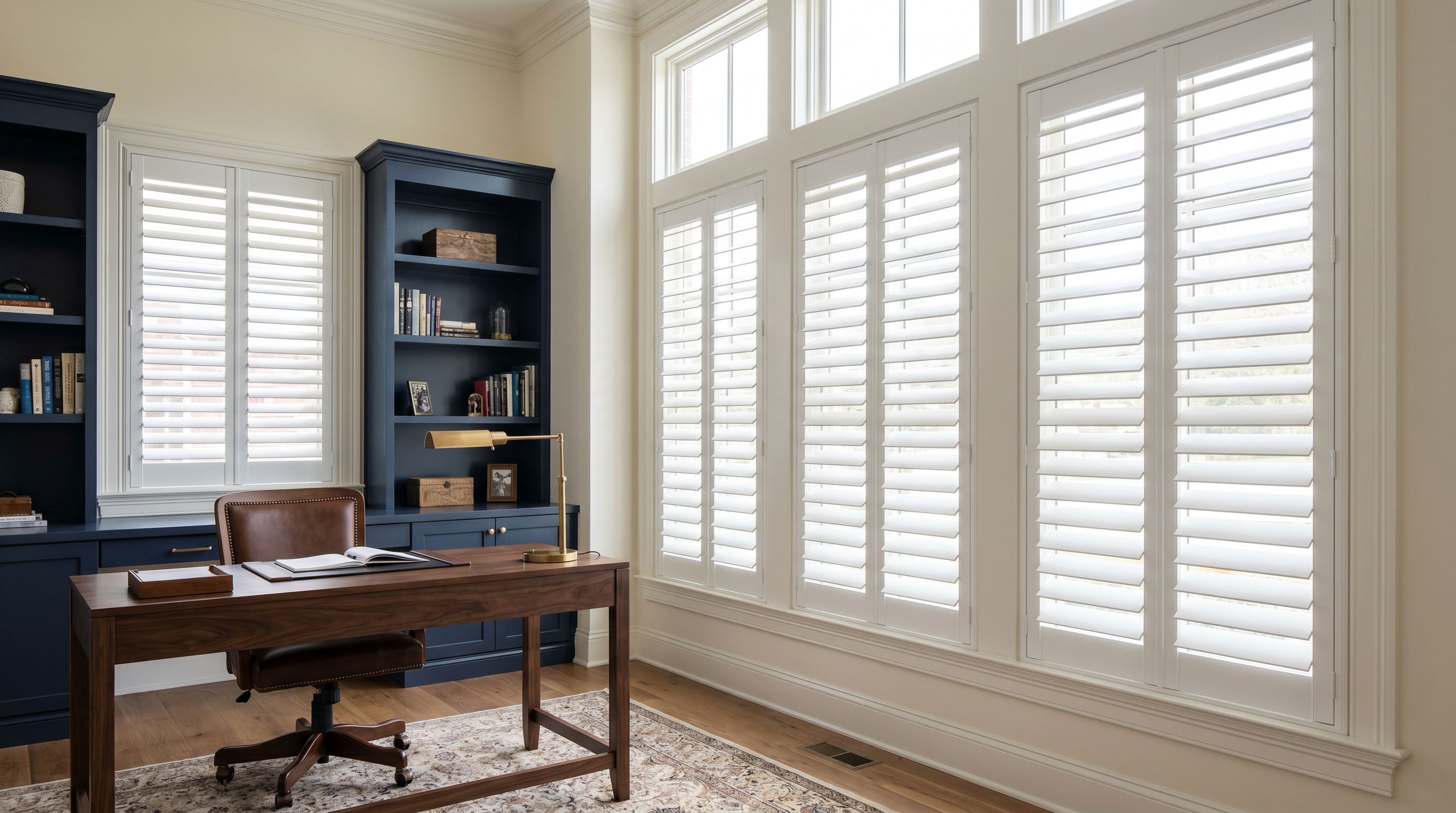 luxury formal living room with plantation shutters, cream upholstery, and refined millwork for custom plantation shutters in McLean, VA