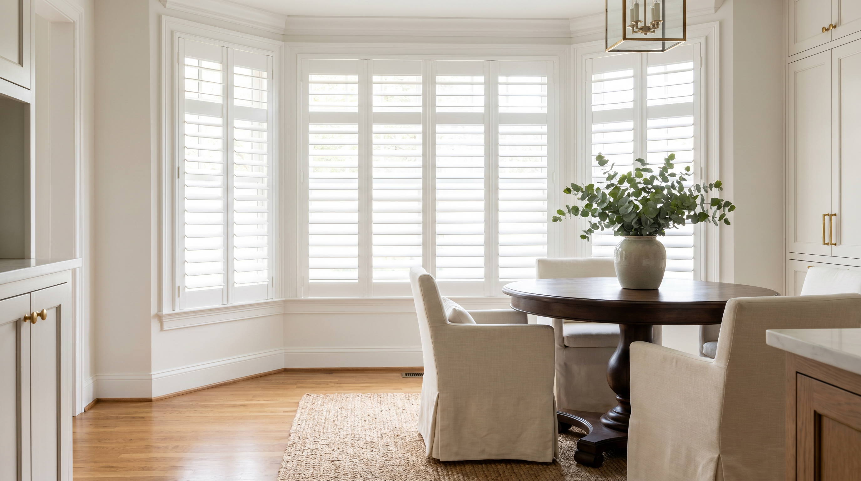 traditional den with plantation shutters, crown molding, and soft morning light for custom plantation shutters in Mechanicsville, VA