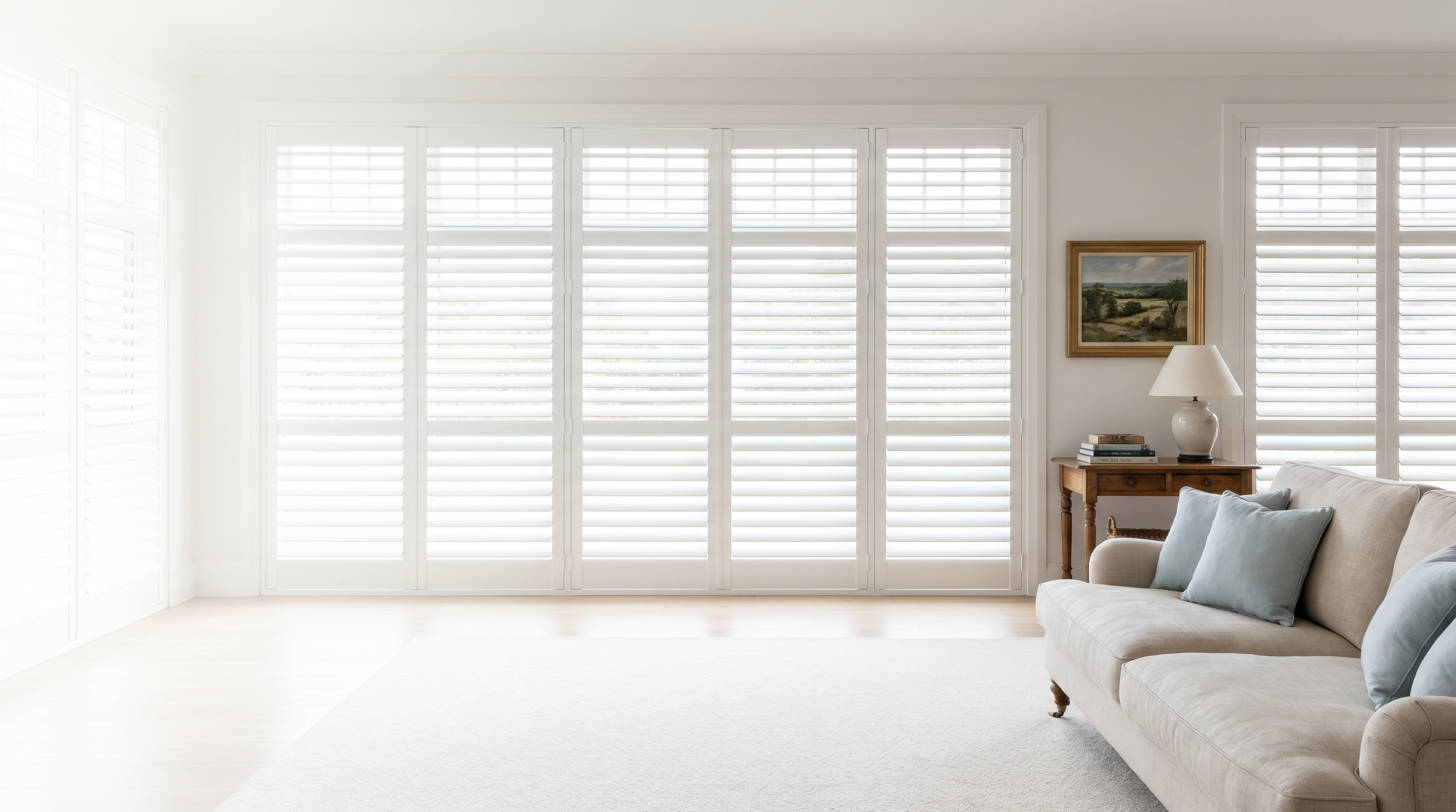sunlit family room with wide white plantation shutters and tailored neutral upholstery for custom plantation shutters in Midlothian, VA