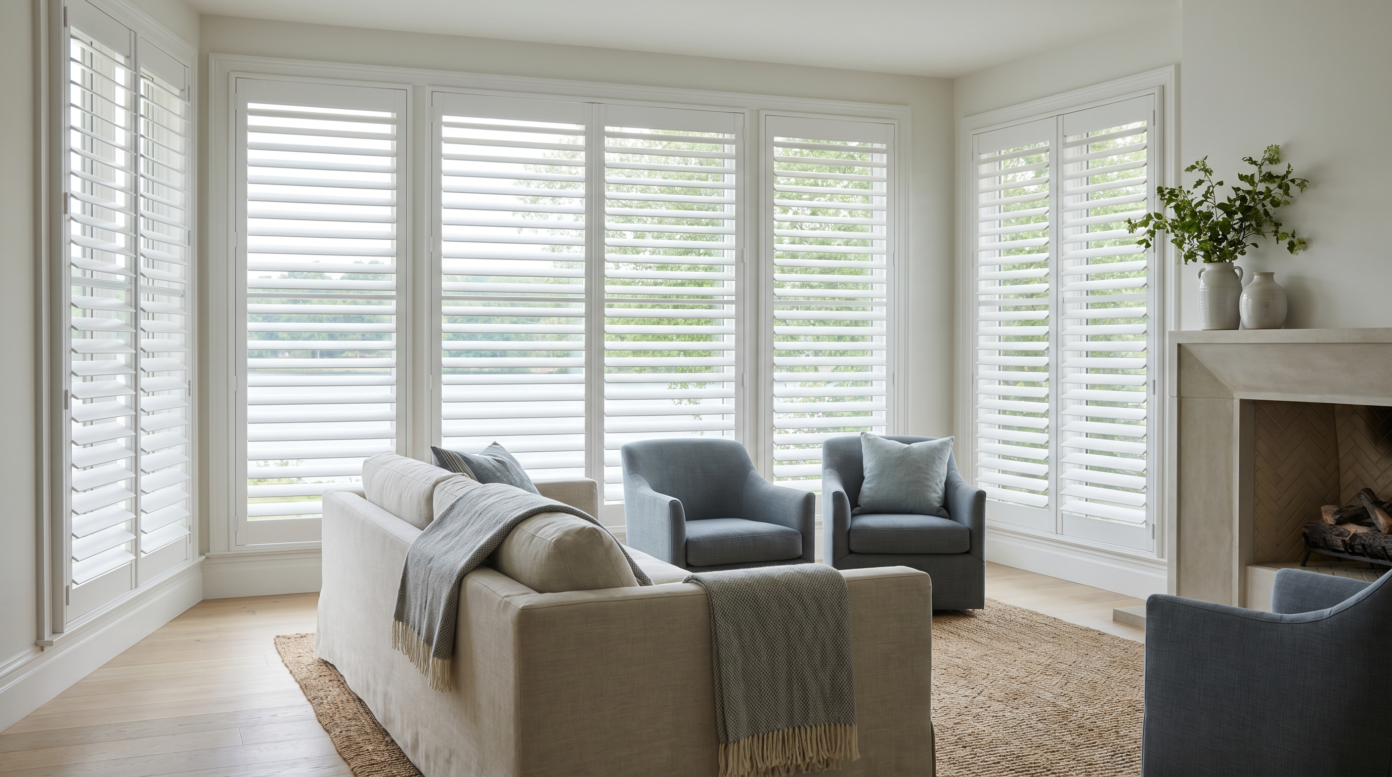 modern lake-area home office with plantation shutters and soft natural daylight for custom plantation shutters in Reston, VA