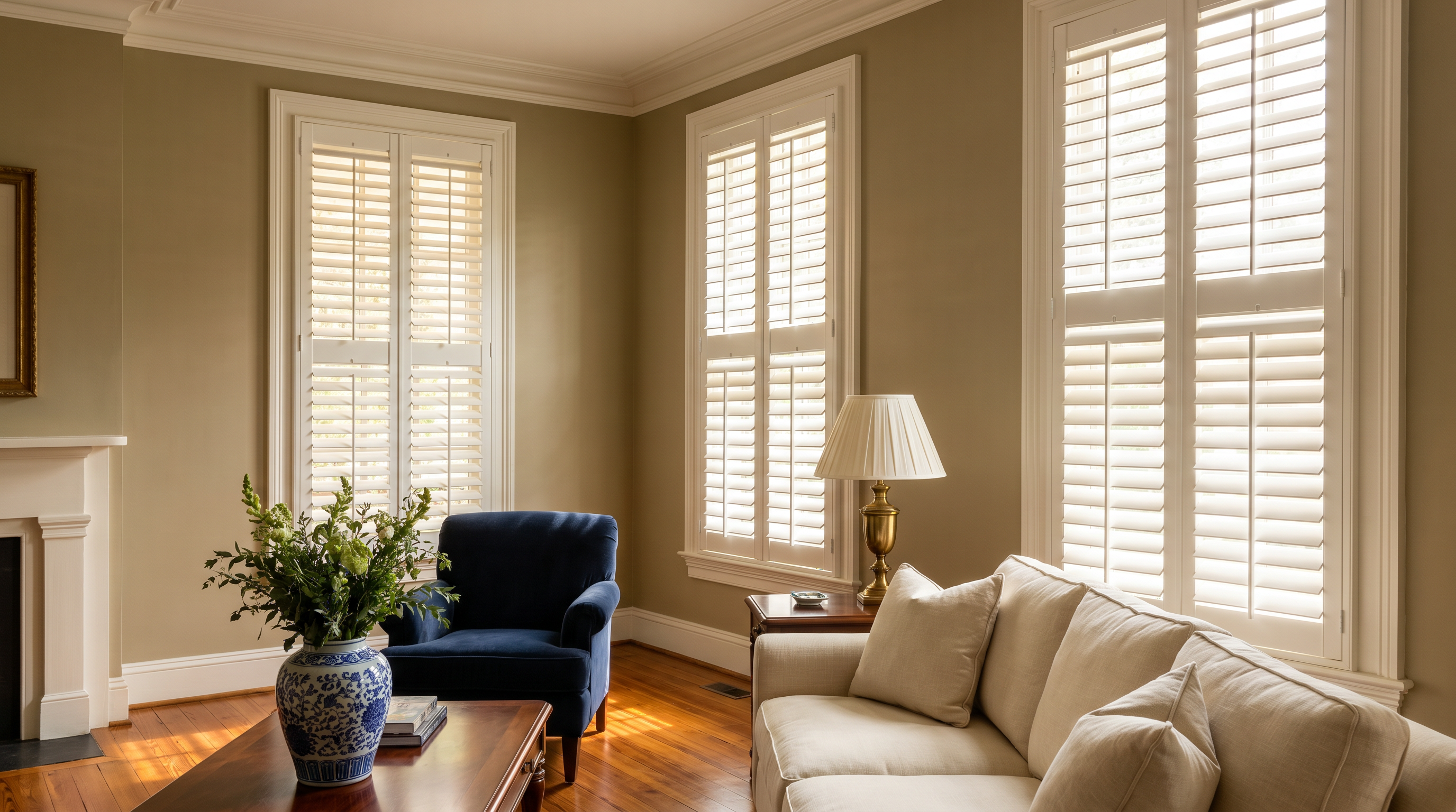 classic Richmond living room with white plantation shutters and warm antique furniture for custom plantation shutters in Richmond, VA