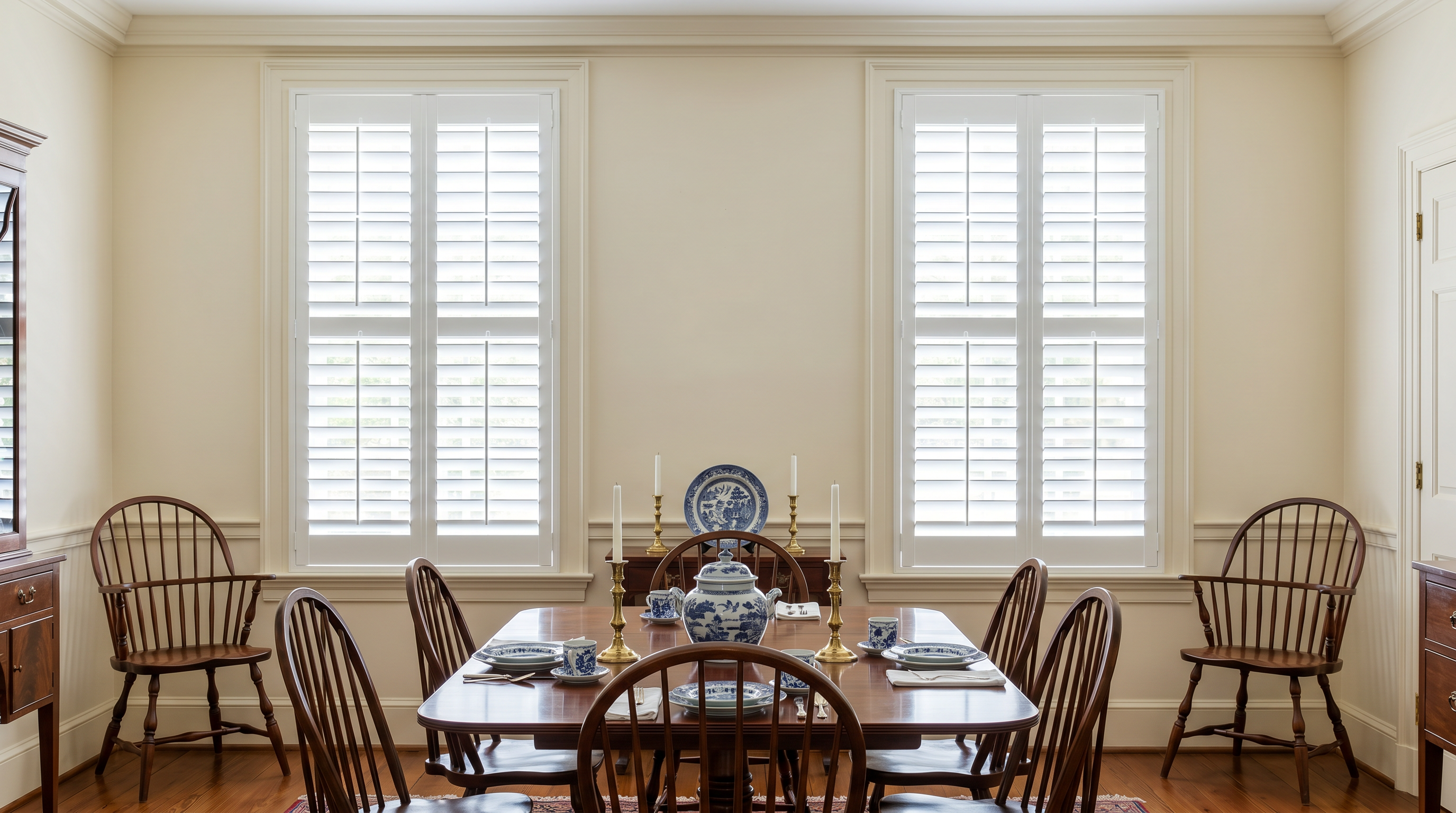 colonial-inspired sitting room with plantation shutters, traditional furniture, and warm wood tones for custom plantation shutters in Williamsburg, VA