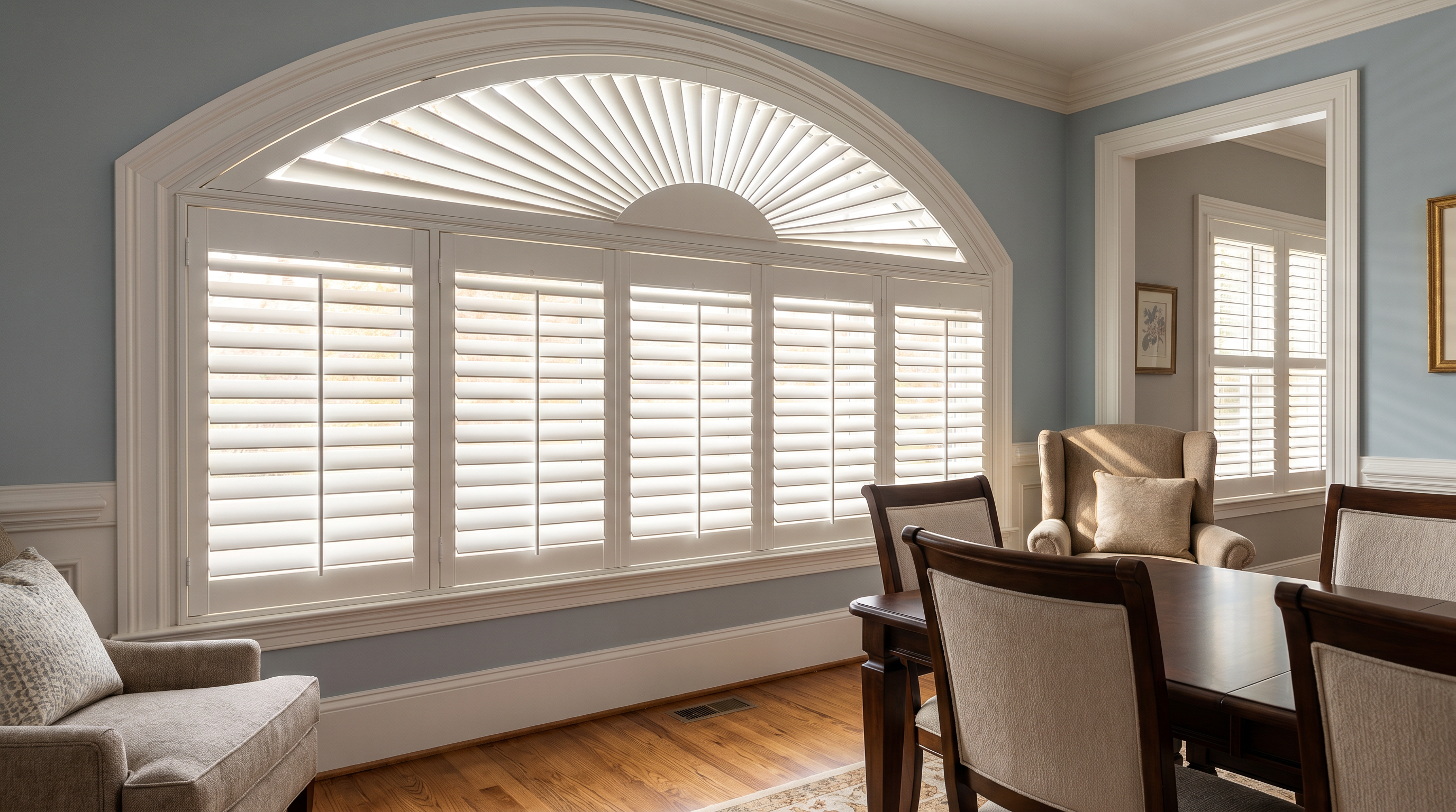 Arched window fitted with custom white plantation shutters