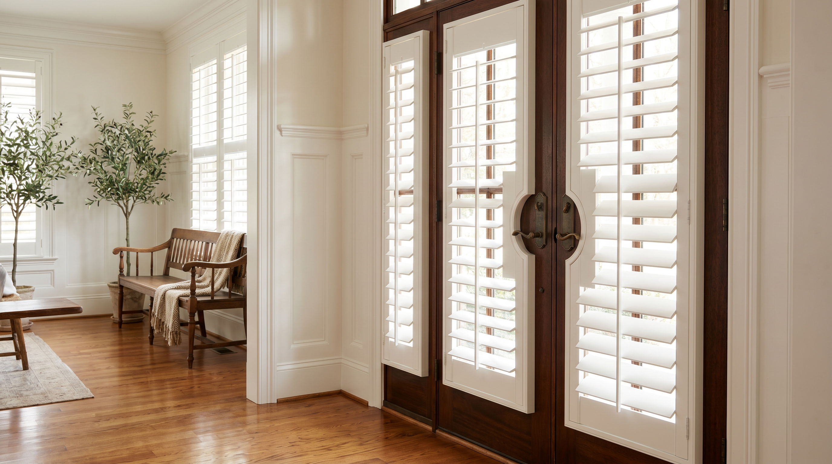 Front entry doors with custom white plantation shutters fitted around glass panels and sidelights