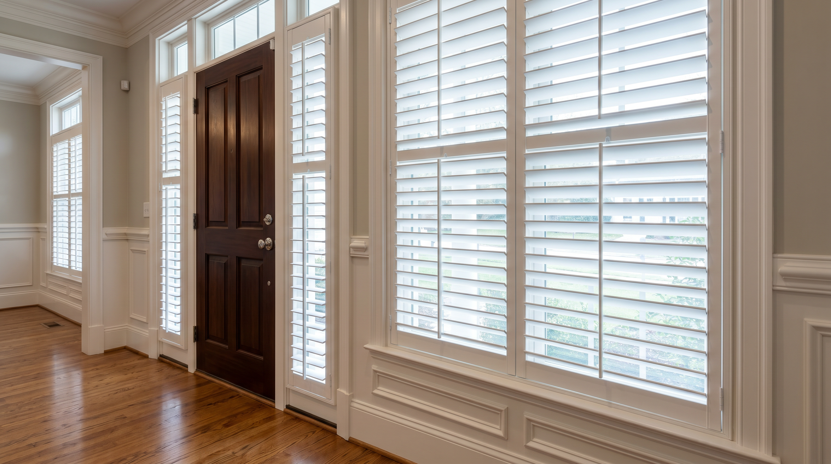 Front entry sidelights fitted with narrow white plantation shutters beside a wood door