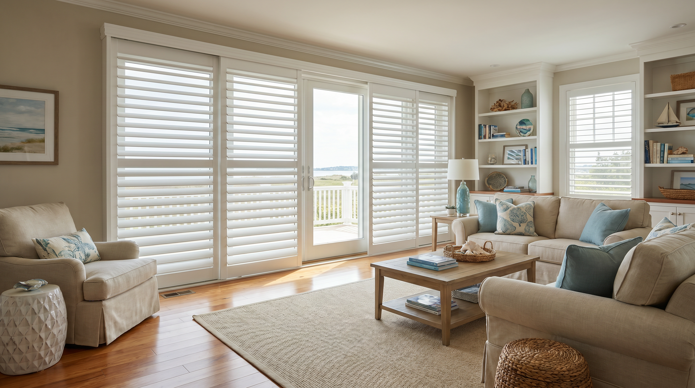 Large sliding glass door fitted with bypass plantation shutters in a bright living room