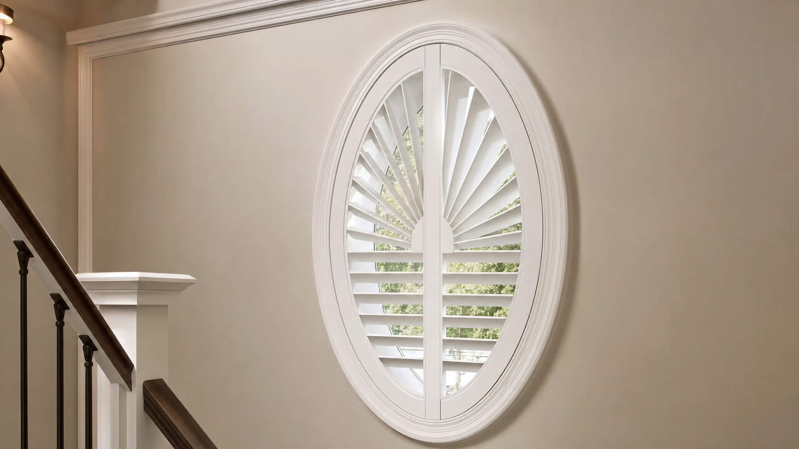 Oval Window Shutters shown in a Shenandoah Shutters Richmond-area home