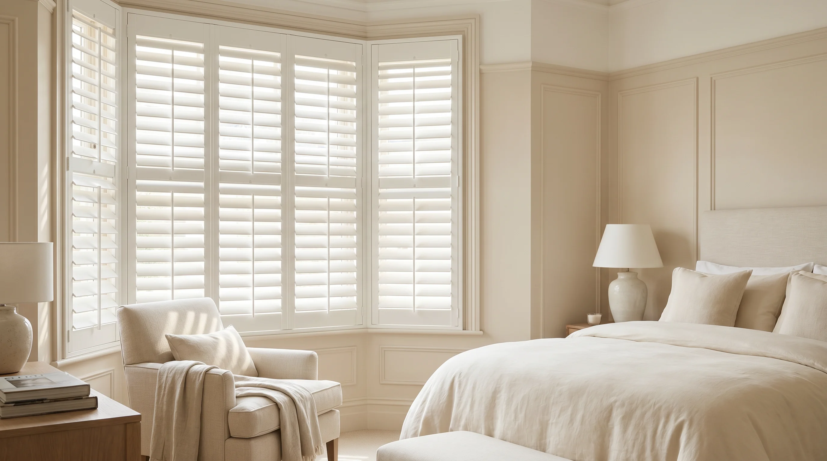 Refined room with clean white Softedge plantation shutters fitted into tall windows