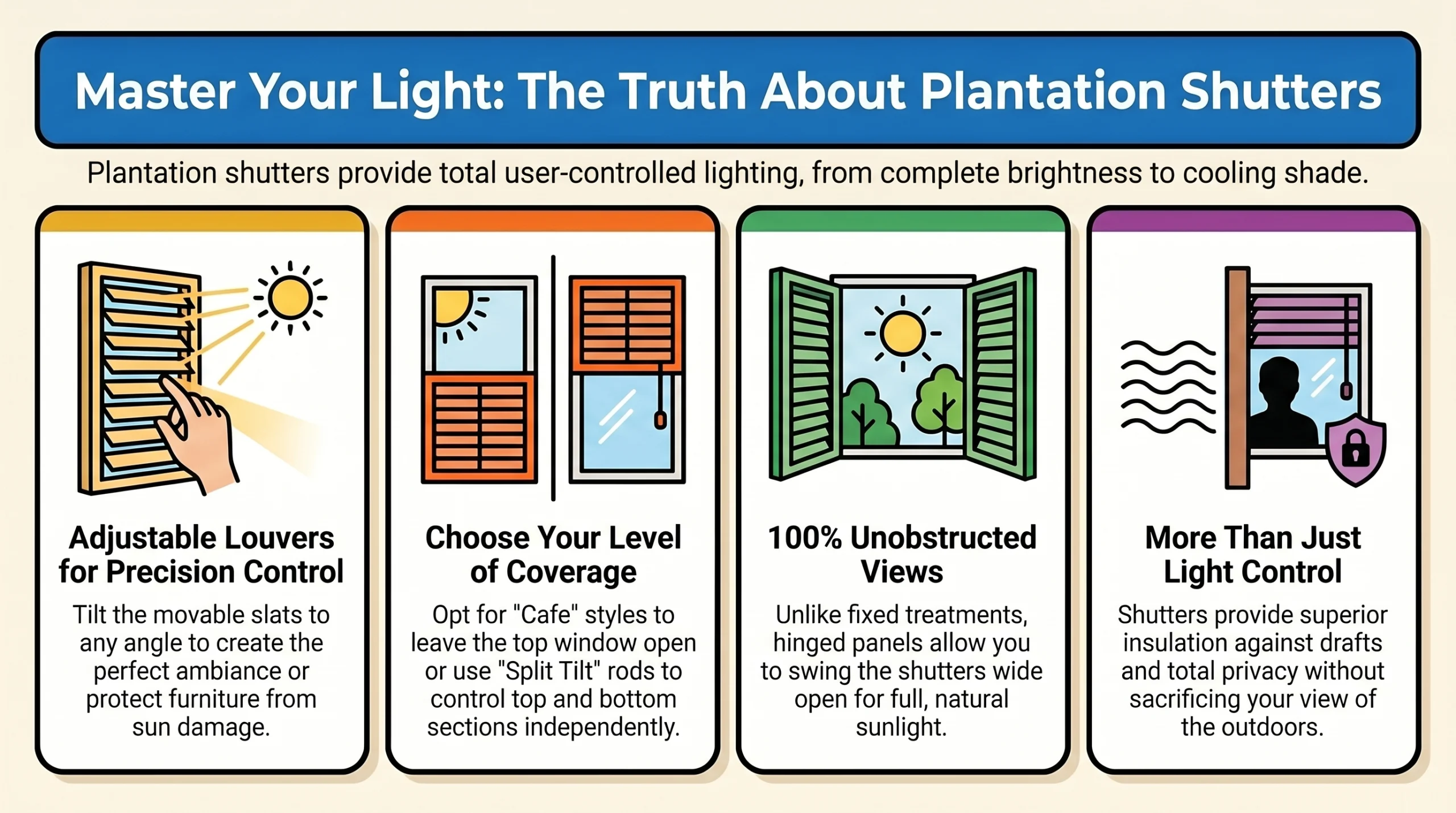 An Infographic about plantation shutters and light control