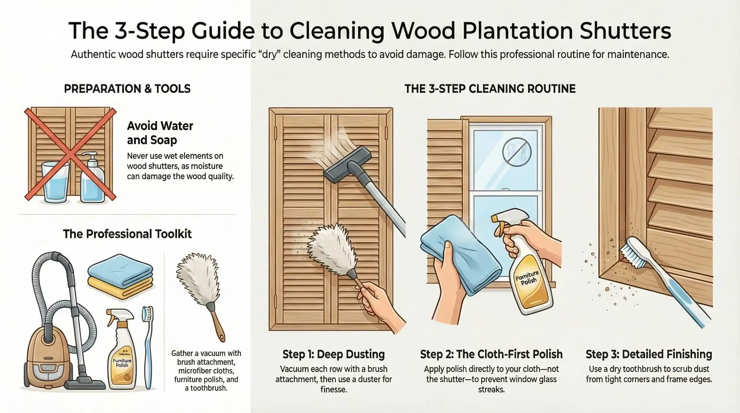 Infographics describing steps to clean wood plantation shutters
